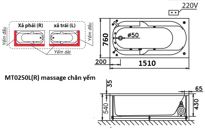 Bản Vẽ Bồn Tắm Massage Chân Yếm 1.5M CAESAR MT0250L/R