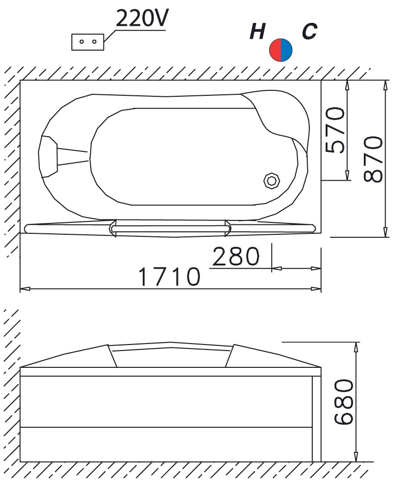 Bản Vẽ Bồn Tắm Massage CAESAR MT3370L/R 1.7M Chân Yếm