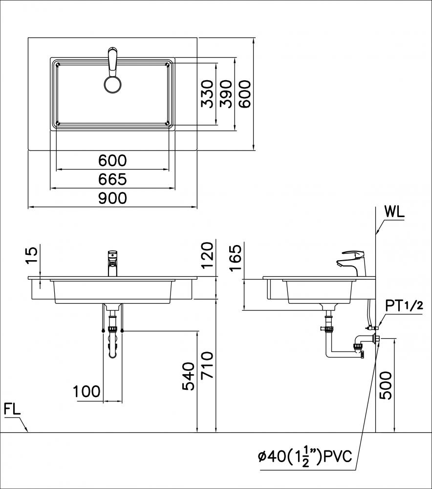 Bản Vẽ Chậu Rửa Lavabo Âm Bàn CAESAR LF5130 Chữ Nhật