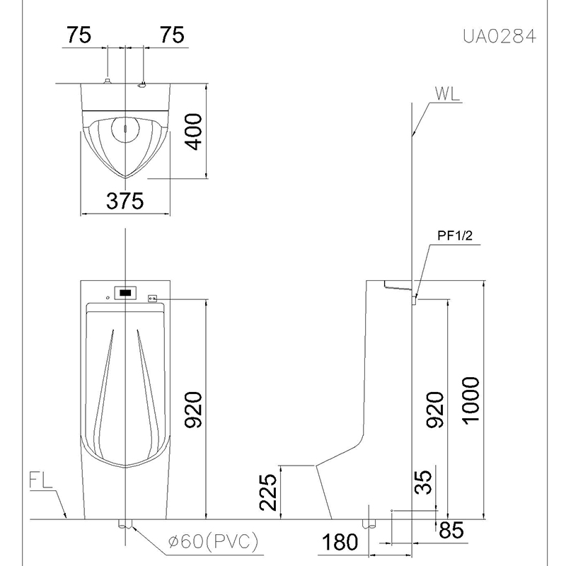 Bản vẽ bệ tiểu nam Caesar UA0284